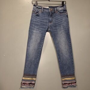 Anthropologie Pilcro Letterpress Slim Straight Jeans Embroidered Raw Hem Size 25